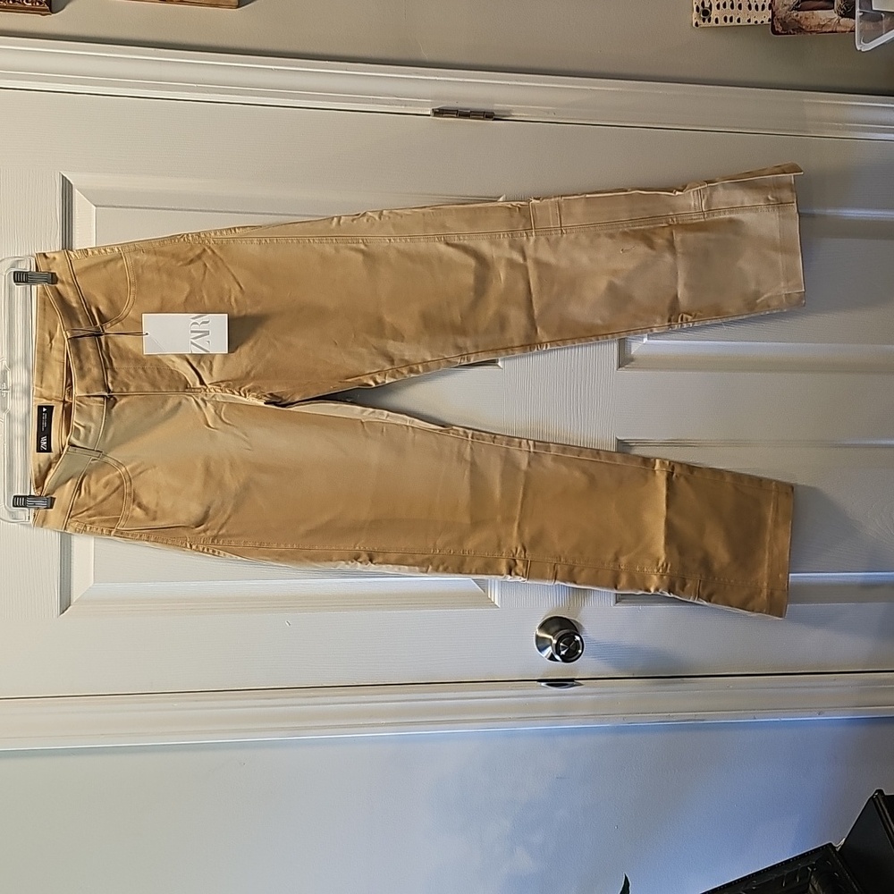 Zara Women's Tan Cotton Trousers, High-Waisted, Wide-Leg, Size Small.